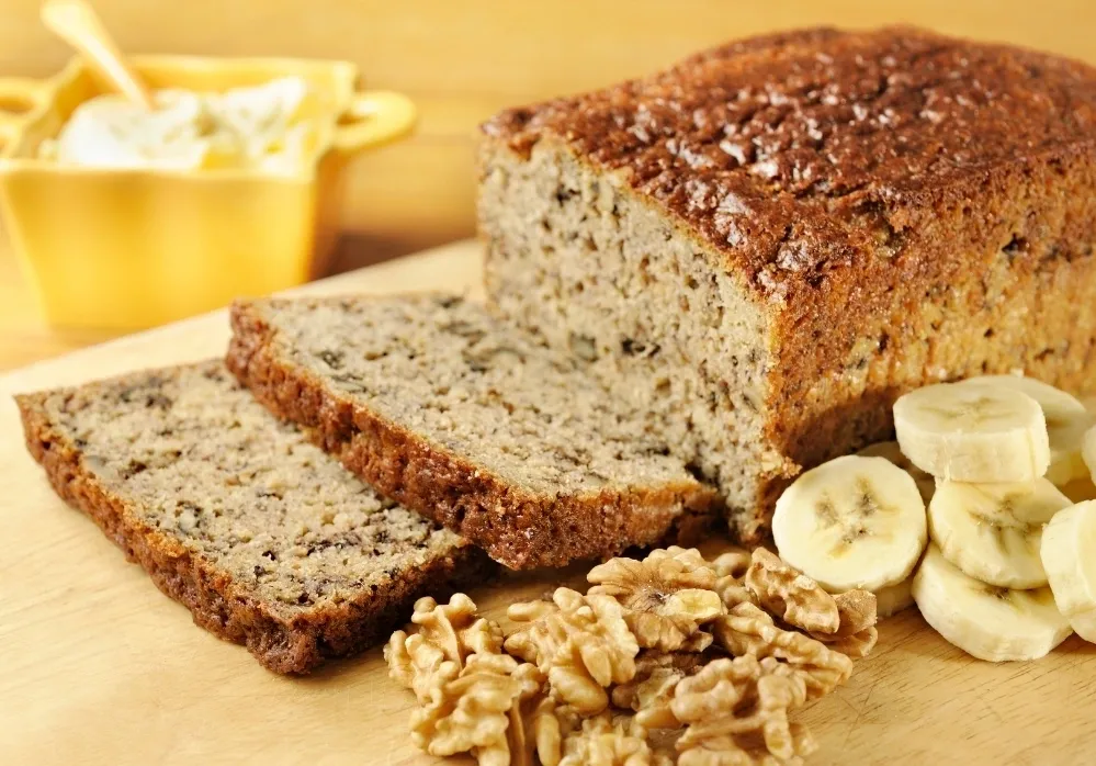 Homemade banana bread with walnuts and sliced bananas - no added sugar